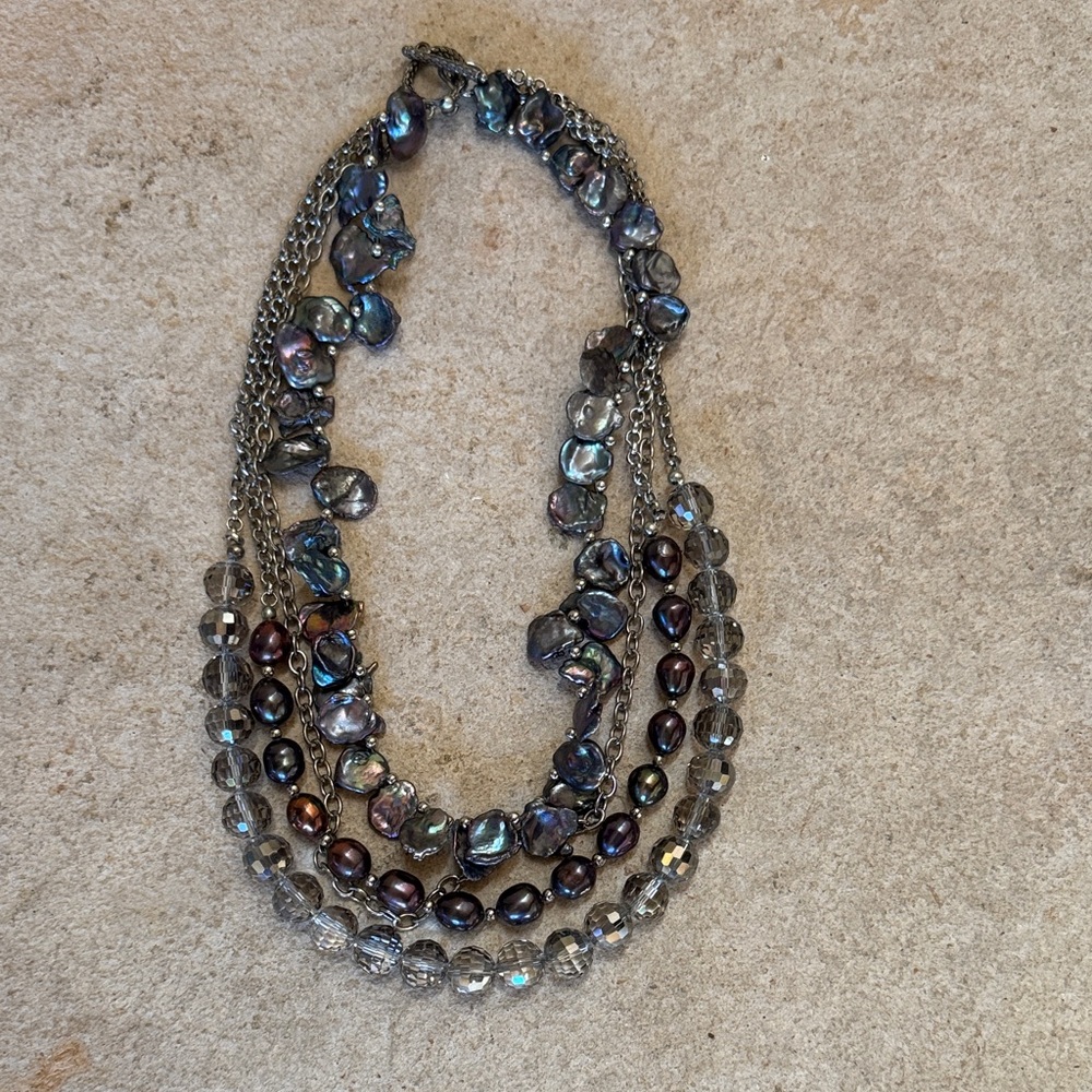 Multi-Strand Iridescent Gray Pearl & Crystal Necklace silver necklace